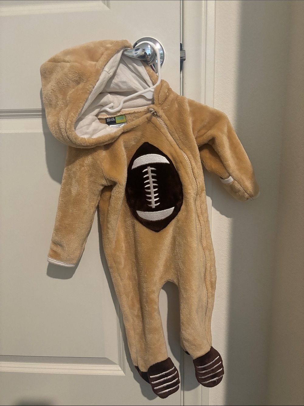 Mick Mack Tan Plush Hooded Footed One-Piece with Football Applique